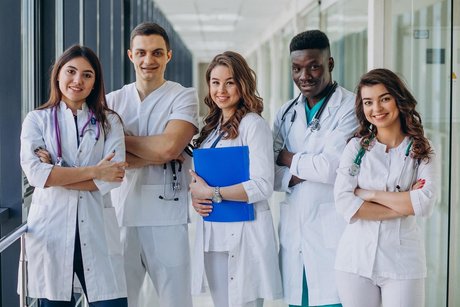 Medical students in a hospital corridor
